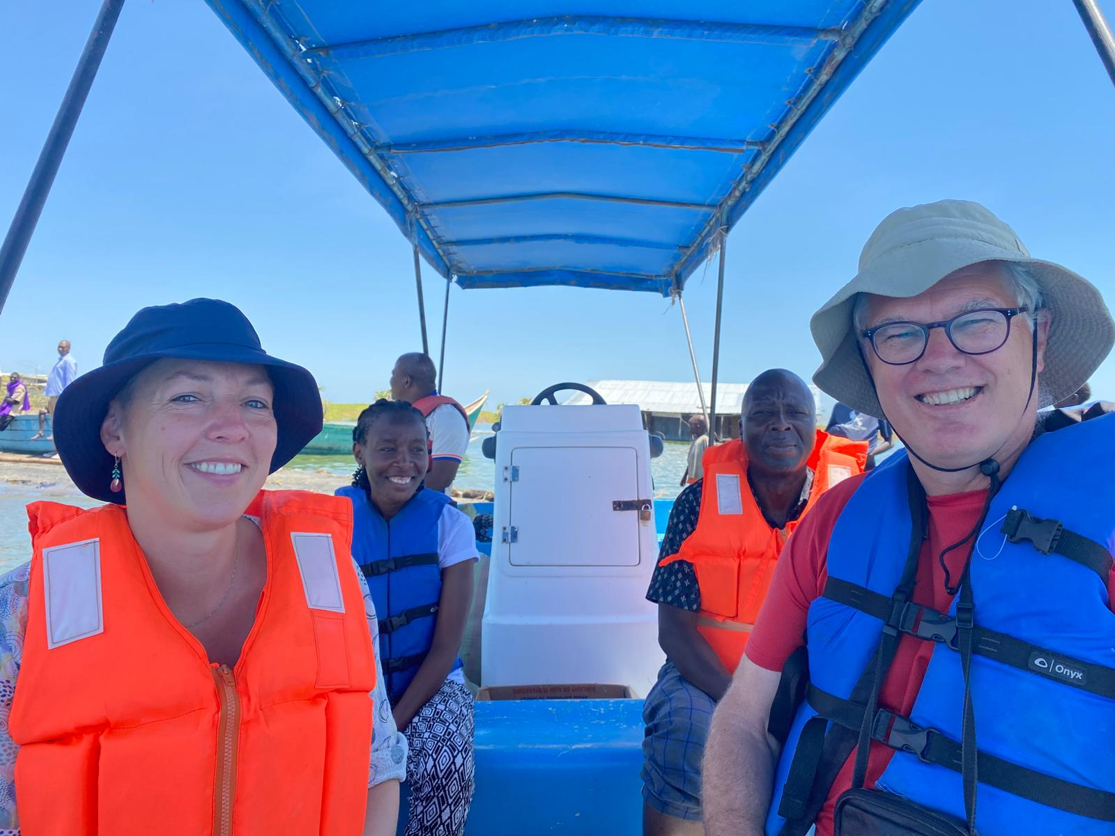 The team on the motor boat in Lake Turkana during the fishing expedition