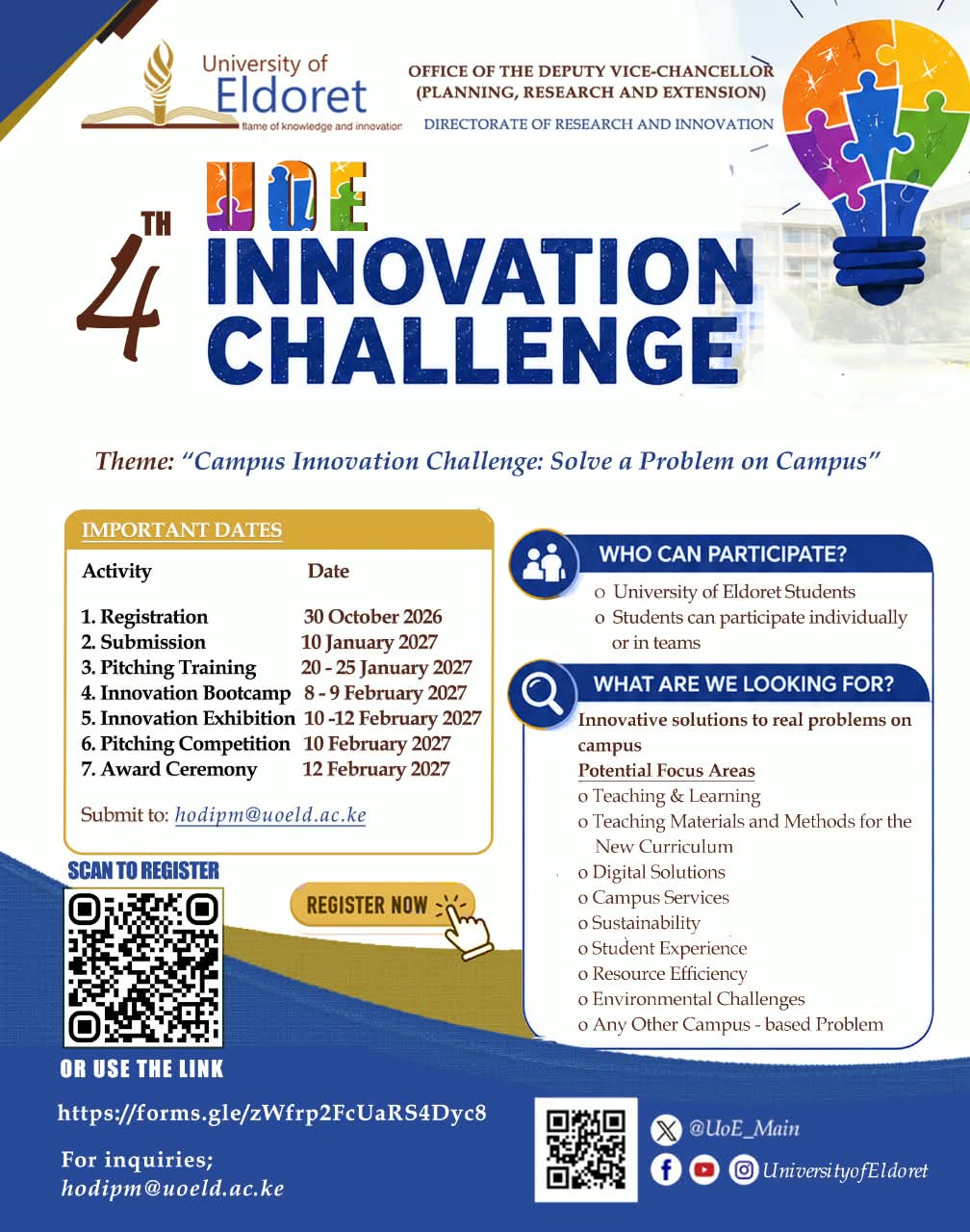 4th University of Eldoret Innovation Challenge poster – Campus Innovation Challenge: Solve a Problem on Campus