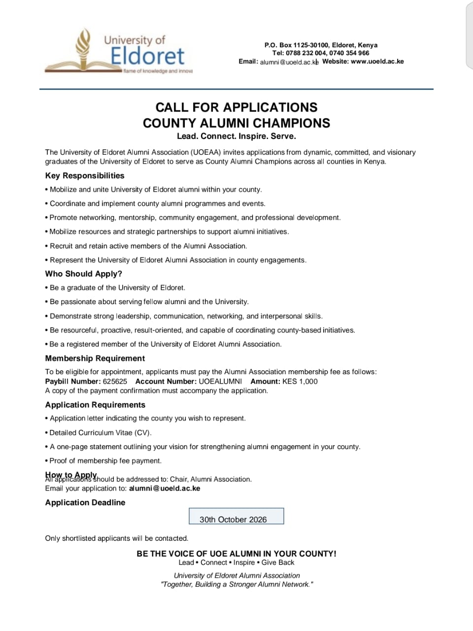 University of Eldoret Alumni Association call for applications for County Alumni Champions