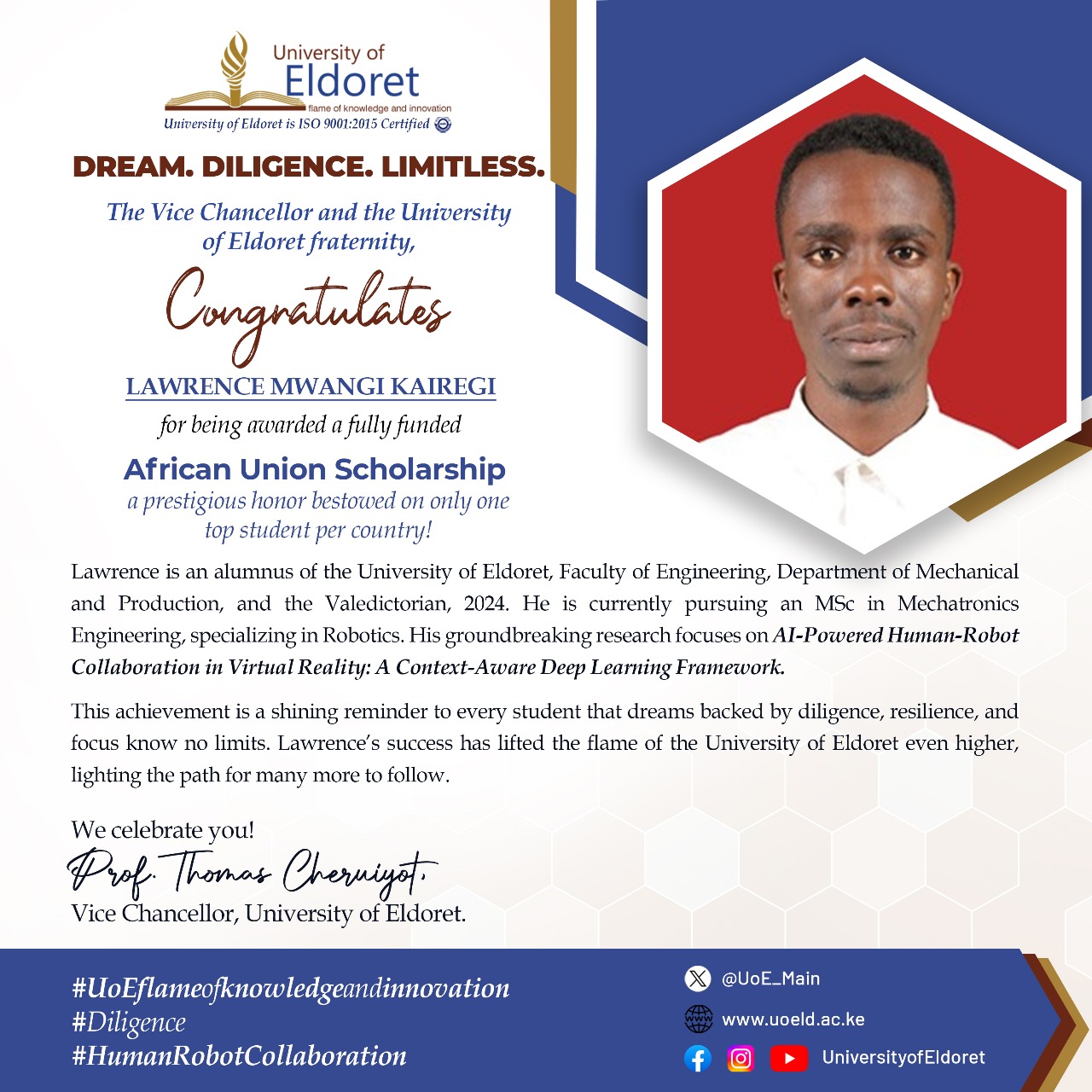 UoE's Lawrence Mwangi Awarded Prestigious African Union Scholarship
