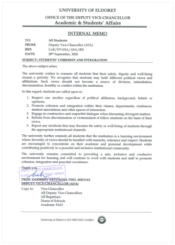 Internal memo to University of Eldoret students on students’ cohesion and integration.