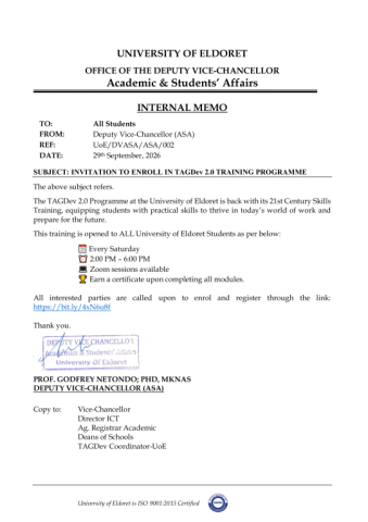 Invitation to enroll in the University of Eldoret TAGDev 2.0 21st Century Skills Training Programme.