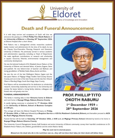 Death and Funeral Announcement: Prof. Phillip Tito Okoth Raburu