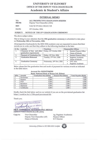 Official University of Eldoret notice announcing the 15th Graduation Ceremony scheduled for 18th November 2026.