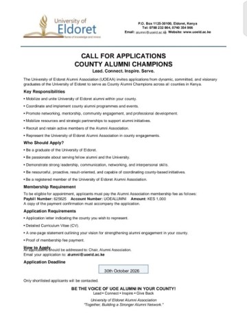 University of Eldoret Alumni Association call for applications for County Alumni Champions