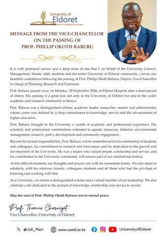 Message from the Vice-Chancellor on the Passing of Prof. Phillip Okoth Raburu